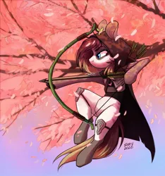 Size: 1013x1080 | Tagged: safe, artist:survya, derpibooru import, oc, unofficial characters only, earth pony, pony, aiming, archery, arrow, autumn, bow (weapon), bow and arrow, determined, earth pony oc, hood, image, in air, jpeg, jumping, leaves, markings, scar, sprout, tree, tree branch, weapon