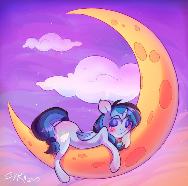 Size: 1197x1182 | Tagged: safe, artist:survya, derpibooru import, oc, unofficial characters only, pony, unicorn, cloud, crescent moon, horn, image, jpeg, mascara, moon, sleeping, small horn, solo, sunset, unicorn oc