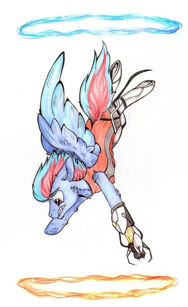 Size: 1326x2160 | Tagged: safe, artist:zira, derpibooru import, oc, oc:black the dragon, unofficial characters only, pegasus, clothes, crossover, image, jpeg, long fall horseshoe, portal (valve), portal gun, portals, simple background, spread wings, traditional art, white background, wings