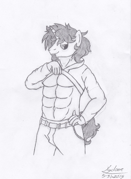 Size: 1400x1912 | Tagged: suggestive, artist:xyclone, derpibooru import, oc, oc:ponder cloud, unofficial characters only, anthro, unicorn, abs, belly button, image, jpeg, muscles, signature, solo, traditional art