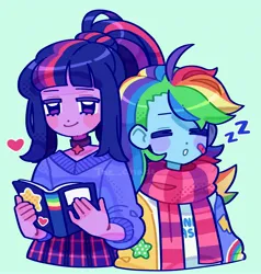 Size: 2965x3110 | Tagged: safe, artist:the_chade, derpibooru import, rainbow dash, twilight sparkle, equestria girls, blue background, clothes, duo, female, image, jpeg, reading, scarf, simple background, sleeping