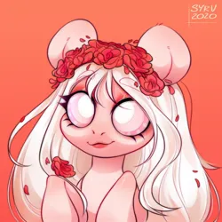 Size: 1000x1000 | Tagged: safe, artist:survya, derpibooru import, part of a set, oc, unofficial characters only, earth pony, pony, albino, colored sclera, cute, daaaaaaaaaaaw, earth pony oc, female, floral head wreath, flower, flower in hair, image, jpeg, lips, mare, red background, simple background, solo, white mane, white pupils