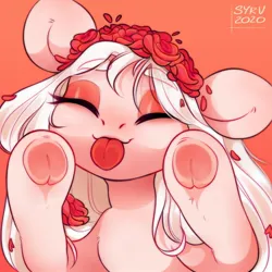 Size: 1000x1000 | Tagged: safe, artist:survya, derpibooru import, part of a set, oc, unofficial characters only, earth pony, pony, albino, cute, daaaaaaaaaaaw, earth pony oc, eyes closed, female, floral head wreath, flower, flower in hair, image, jpeg, licking, licking the fourth wall, lips, mare, mascara, red background, simple background, solo, tongue out, underhoof, white mane