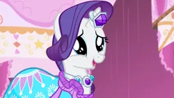 Size: 1280x720 | Tagged: safe, derpibooru import, screencap, rarity, pony, unicorn, simple ways, clothes, cute, dress, female, horn, horn ring, image, jewelry, mare, open mouth, png, raribetes, ring, solo, squishy cheeks, wide eyes