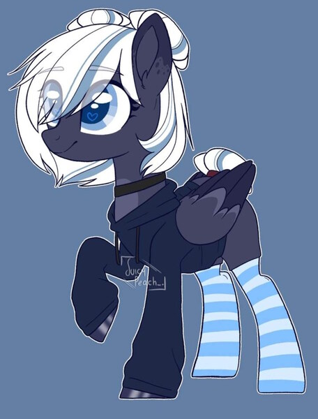 Size: 1080x1422 | Tagged: safe, artist:pasteldraws, derpibooru import, oc, oc:lunara moonstone, unofficial characters only, pegasus, pony, choker, clothes, female, hoodie, image, jpeg, mare, pegasus oc, raised hoof, simple background, socks, wings