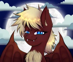 Size: 5439x4620 | Tagged: safe, artist:fraiter, derpibooru import, oc, oc:trinity, unofficial characters only, bat pony, pony, undead, vampire, vampire bat pony, bust, chest fluff, cloud, commission, fangs, female, image, mare, moon, night, outdoors, png, portrait, solo, spread wings, wings