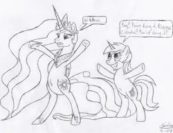 Size: 1600x1237 | Tagged: safe, artist:xyclone, derpibooru import, lyra heartstrings, princess celestia, alicorn, unicorn, belly button, bipedal, chubby, dialogue, female, image, jpeg, signature, traditional art