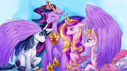Size: 1280x720 | Tagged: safe, artist:chaotic69_420, derpibooru import, princess cadance, princess flurry heart, princess twilight 2.0, shining armor, twilight sparkle, twilight sparkle (alicorn), alicorn, pony, unicorn, the last problem, aunt and niece, brother and sister, eyes closed, family, father and child, father and daughter, female, grin, hug, image, jpeg, male, mother and child, mother and daughter, older, older flurry heart, older twilight, one eye closed, siblings, smiling, winghug, wings