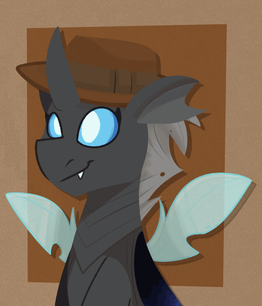 Size: 1200x1400 | Tagged: safe, artist:modularpon, derpibooru import, oc, oc:closed case, unofficial characters only, changeling, :p, animated, buzzing wings, changeling oc, clothes, cute, gif, hat, image, simple background, smiling, solo, tongue out, wings