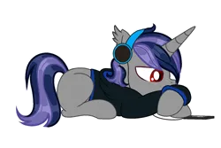 Size: 1500x1000 | Tagged: safe, artist:sarahsuresh-art, derpibooru import, oc, oc:dreaming star, bat pony, bat pony unicorn, hybrid, pony, unicorn, base used, bat pony oc, bat wings, clothes, fangs, headphones, hoodie, horn, image, listening to music, male, phone, png, red eyes, sad, simple background, solo, stallion, transparent background, wings