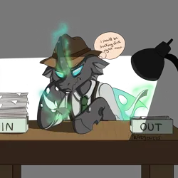 Size: 2000x2000 | Tagged: suggestive, artist:frazy, derpibooru import, oc, oc:closed case, unofficial characters only, changeling, changeling oc, clothes, desk, glow, glowing horn, horn, image, levitation, magic, paperwork, png, simple background, solo, telekinesis, text, thought bubble, transparent background