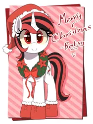 Size: 900x1200 | Tagged: safe, artist:thebatfang, derpibooru import, oc, oc:blackjack, pony, unicorn, fallout equestria, fallout equestria: project horizons, christmas, clothes, cute, fanfic art, female, hat, holiday, horn, image, looking at you, mare, png, santa hat, smiling, socks, solo, unicorn oc, wreath