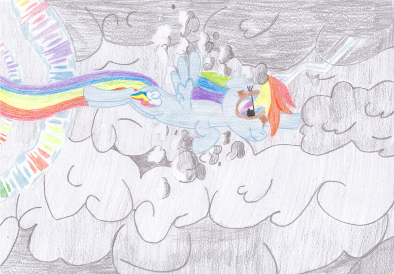 Size: 3444x2392 | Tagged: safe, artist:ragmo, derpibooru import, rainbow dash, pegasus, pony, cloud, female, goggles, image, mare, png, solo, sonic rainboom, traditional art