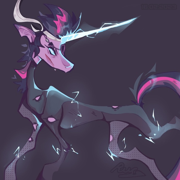 Size: 1280x1280 | Tagged: safe, artist:rus, derpibooru import, twilight sparkle, pony, unicorn, it's about time, bandage, catsuit, electricity, eyepatch, future twilight, glow, glowing horn, gray background, horn, image, jpeg, magic, magic aura, scar, simple background, solo, unicorn twilight