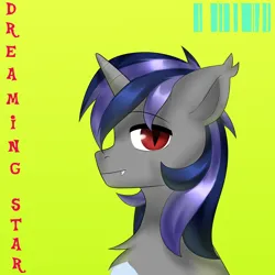 Size: 4000x4000 | Tagged: safe, artist:lamaka, derpibooru import, oc, oc:dreaming star, bat pony, bat pony unicorn, hybrid, pony, unicorn, bat pony oc, bat wings, bust, chest fluff, commission, cyberpunk, fangs, horn, image, looking at you, male, pale belly, png, portrait, red eyes, simple background, stallion, text, wings, ych result