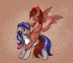 Size: 2468x2136 | Tagged: safe, artist:maslo<3, derpibooru import, oc, oc:autumn rosewood, oc:dreaming star, bat pony, bat pony unicorn, hybrid, pegasus, pony, unicorn, bat pony oc, bat wings, beret, blushing, chest fluff, hat, horn, image, male, pale belly, pegasus oc, png, red eyes, riding, riding a pony, sitting on, sitting on person, sitting on pony, spread wings, stallion, tongue out, wings