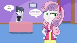 Size: 2468x1368 | Tagged: safe, artist:lunaticdawn, derpibooru import, rumble, sweetie belle, human, equestria girls, clothes, duo, duo male and female, equestria girls-ified, female, image, male, png, room, rumbelle, shipping, shirt, sitting, speech bubble, straight, table, teenager, text