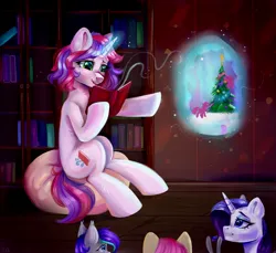 Size: 2400x2200 | Tagged: safe, artist:ske, derpibooru import, rarity, oc, oc:melody (melodylibris), pony, unicorn, book, christmas, christmas tree, holiday, illusion, image, jpeg, smiling, storytelling, tree