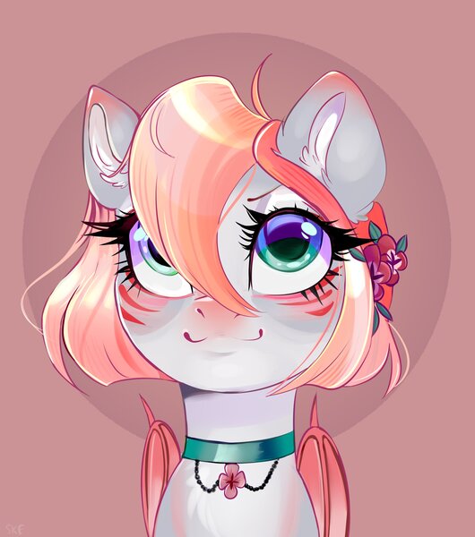 Size: 3438x3894 | Tagged: safe, artist:jsunlight, derpibooru import, oc, unofficial characters only, bat pony, pony, :3, blushing, choker, ear fluff, flower, flower in hair, hair over one eye, image, jpeg, smiling, solo