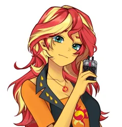 Size: 2098x2193 | Tagged: safe, artist:cottonsweets, derpibooru import, sunset shimmer, human, equestria girls, clothes, cutie mark, device, female, image, jewelry, jpeg, necklace, pendant, shirt, simple background, smiling, solo, t-shirt, vest, white background