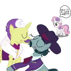 Size: 1000x1000 | Tagged: safe, derpibooru import, dandy grandeur, sweetie belle, turner mccolt, earth pony, pony, unicorn, blushing, clothes, couple, eyebrows, eyes closed, female, filly, foal, gay, gay couple, image, kiss on the lips, kissing, male, mccolt family, png, shipping, simple background, stallion, white background