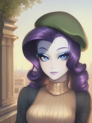 Size: 1020x1360 | Tagged: safe, derpibooru import, editor:sammykun, machine learning generated, stable diffusion, rarity, human, equestria girls, beautiful, beret, breasts, bush, busty rarity, clothes, column, eyeshadow, fashion, female, hat, humanized, image, lips, lipstick, looking at you, makeup, png, shadow, solo, sweater, white skin