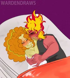 Size: 1031x1145 | Tagged: suggestive, alternate version, artist:wardensballs, derpibooru import, adagio dazzle, sunset shimmer, bed, blushing, female, half r63 shipping, image, jpeg, kissing, male, rule 63, shipping, straight, sunset glare, sunset satan