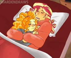 Size: 1166x946 | Tagged: safe, alternate version, artist:wardensballs, derpibooru import, adagio dazzle, sunset shimmer, equestria girls, cuddling, duo, female, image, jpeg, lesbian, shipping, sleeping, sunsagio