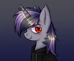 Size: 6000x5000 | Tagged: safe, artist:fraiter, derpibooru import, oc, oc:dreaming star, unofficial characters only, bat pony, bat pony unicorn, hybrid, pony, unicorn, bat pony oc, bat wings, bust, clothes, commission, fangs, hoodie, horn, image, looking at you, male, png, portrait, red eyes, solo, stallion, wings