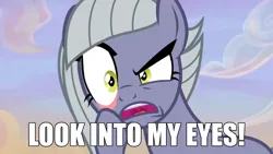 Size: 2190x1232 | Tagged: safe, derpibooru import, edit, edited screencap, screencap, limestone pie, earth pony, pony, hearthbreakers, caption, eye, eyelid pull, eyes, ghost rider, image, image macro, looking at you, meme, png, staring into your soul, text, text edit