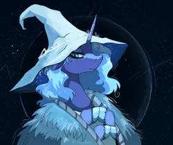 Size: 1417x1187 | Tagged: safe, artist:paskanaakka, derpibooru import, princess luna, bust, clothes, colored hooves, derpibooru exclusive, elden ring, floppy ears, hat, image, moon, night, png, portrait, ranni the witch, robe, solo, stars, unshorn fetlocks, witch hat