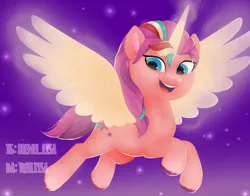 Size: 840x660 | Tagged: safe, artist:twiliysa, derpibooru import, sunny starscout, alicorn, pony, my little pony: a new generation, female, flying, g5, glow, glowing horn, horn, image, mare, png, race swap, solo, sunnycorn