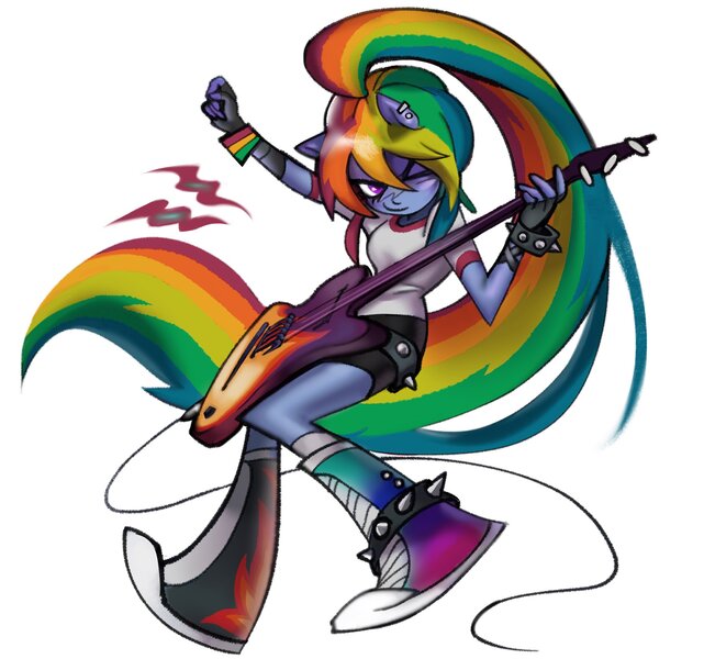 Size: 2048x1918 | Tagged: safe, artist:swagzeta671, derpibooru import, rainbow dash, anthro, plantigrade anthro, alternate hairstyle, bracelet, electric guitar, guitar, image, jpeg, looking at you, musical instrument, one eye closed, solo, spiked belt, spiked wristband, wingless, wingless anthro, wristband