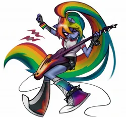 Size: 2048x1918 | Tagged: safe, artist:swagzeta671, derpibooru import, rainbow dash, anthro, plantigrade anthro, alternate hairstyle, bracelet, electric guitar, guitar, image, jpeg, looking at you, musical instrument, one eye closed, solo, spiked belt, spiked wristband, wingless, wingless anthro, wristband