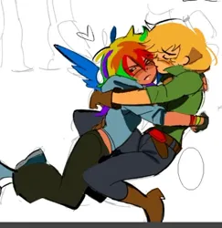 Size: 550x565 | Tagged: safe, artist:swagzeta671, derpibooru import, applejack, rainbow dash, human, appledash, blushing, female, hug, humanized, image, jpeg, lesbian, one eye closed, shipping, tsunderainbow, tsundere, winged humanization, wings