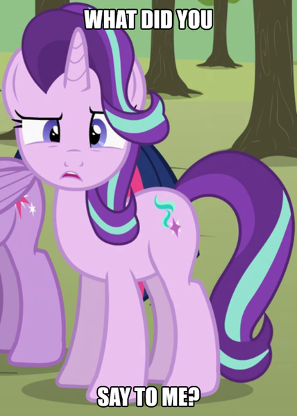 Size: 1028x1440 | Tagged: safe, artist:agrol, derpibooru import, edit, edited screencap, screencap, starlight glimmer, twilight sparkle, twilight sparkle (alicorn), alicorn, pony, unicorn, apple farm, caption, change your reality, confused, cropped, female, image, image macro, looking at someone, looking at you, mare, png, reaction image, solo focus, text, text edit, tree, wat, what the hell agrol, wtf face, wut face