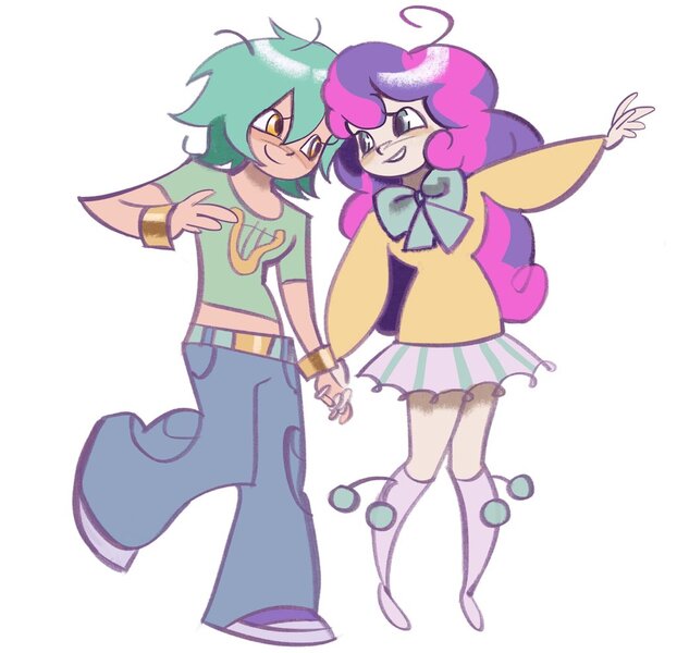 Size: 1024x988 | Tagged: safe, artist:swagzeta671, derpibooru import, bon bon, lyra heartstrings, sweetie drops, human, female, happy, holding hands, humanized, image, jpeg, lesbian, looking at each other, looking at someone, lyrabon, shipping, smiling