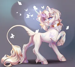 Size: 3895x3500 | Tagged: safe, artist:mithriss, derpibooru import, oc, unofficial characters only, butterfly, insect, pony, unicorn, crystal horn, ear fluff, ear piercing, fluffy, fringe, hooves, horn, image, jewelry, male, piercing, png, raised leg, ring, simple background, smiling, solo, stallion, unshorn fetlocks