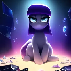 Size: 3840x3840 | Tagged: safe, derpibooru import, editor:r-tex1241, machine learning generated, novelai, stable diffusion, maud pie, earth pony, pony, cave, cavern, crystal, derpibooru exclusive, female, food, gem, image, light, looking at you, no clothes, pie, png, rock, shards, sitting, solo, solo female