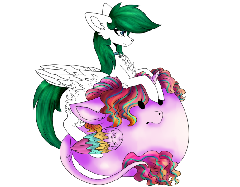 Size: 876x683 | Tagged: artist needed, safe, derpibooru import, oc, oc:eiri, oc:zephyr, oc:zephyr cloudrunner, alicorn, pegasus, pony, fanfic:zephyr, blob, blob pony, butt feathers, chest fluff, collar, female, fluffy, image, mare, png, ponies riding ponies, riding, simple background, transparent background