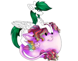 Size: 876x683 | Tagged: artist needed, safe, derpibooru import, oc, oc:eiri, oc:zephyr, oc:zephyr cloudrunner, alicorn, pegasus, pony, fanfic:zephyr, blob, blob pony, butt feathers, chest fluff, collar, female, fluffy, image, mare, png, ponies riding ponies, riding, simple background, transparent background
