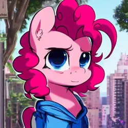 Size: 447x447 | Tagged: safe, derpibooru import, machine learning generated, purplesmart.ai, stable diffusion, pinkie pie, argentina, blue blouse, buenos aires, city, cityscape, day, derpibooru exclusive, female, image, jason brooks, looking at you, png, satoshi hirayama, smiling, solo, solo female, tree