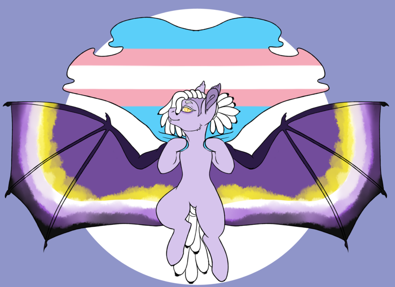 Size: 7700x5600 | Tagged: safe, artist:shadypixels, derpibooru import, oc, oc:penumbra ink, bat pony, bat pony oc, bat wings, image, nonbinary pride flag, png, ponysona, pride, pride flag, transgender pride flag, wings