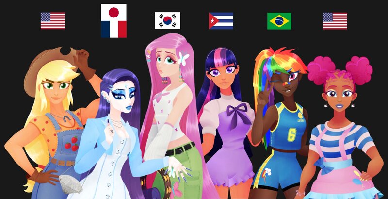 Size: 2048x1050 | Tagged: safe, artist:pleasantlypony, derpibooru import, applejack, fluttershy, pinkie pie, rainbow dash, rarity, twilight sparkle, human, afro puffs, alternate hairstyle, black background, blackwashing, brazil, cuba, dark skin, france, hand on hip, humanized, image, japan, jpeg, light skin, looking at you, mane six, moderate dark skin, one eye closed, simple background, south korea, tan skin, united states