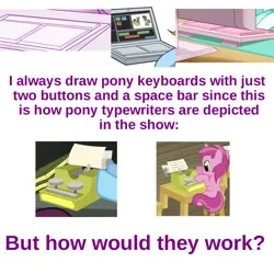 Size: 1000x1000 | Tagged: episode needed, safe, artist:dstears, derpibooru import, rainbow dash, pony, unicorn, computer, female, filly, foal, image, jpeg, keyboard, laptop computer, mare, offscreen character, typewriter