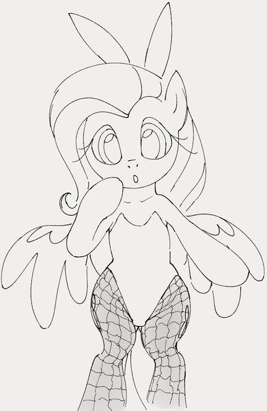 Size: 700x1073 | Tagged: safe, artist:dotkwa, derpibooru import, fluttershy, pegasus, pony, bipedal, bunny suit, bunnyshy, clothes, cute, easter, female, fishnets, gray background, grayscale, holiday, image, looking at you, mare, monochrome, png, shyabetes, simple background, solo, spread wings, wings