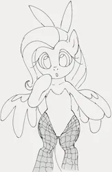 Size: 700x1073 | Tagged: safe, artist:dotkwa, derpibooru import, fluttershy, pegasus, pony, bipedal, bunny suit, bunnyshy, clothes, cute, easter, female, fishnets, gray background, grayscale, holiday, image, looking at you, mare, monochrome, png, shyabetes, simple background, solo, spread wings, wings