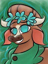 Size: 768x1024 | Tagged: safe, artist:toxiccoswynaut, derpibooru import, cow, them's fightin' herds, community related, female, floral head wreath, flower, image, jpeg, looking at you, madison (tfh), no pupils, smiling, smiling at you, solo