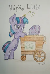 Size: 1469x2166 | Tagged: safe, artist:daisymane, derpibooru import, twilight sparkle, pony, unicorn, the cutie mark chronicles, bipedal, blank flank, cart, dragon egg, easter, egg, female, filly, filly twilight sparkle, happy easter, holiday, image, jpeg, magic, solo, spike's egg, traditional art, unicorn twilight, younger