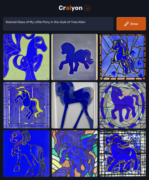 Size: 1536x1850 | Tagged: safe, craiyon, derpibooru import, machine learning generated, alicorn, earth pony, pegasus, black background, blue, image, international klein blue, missing limb, modern art, not luna, photo, png, simple background, stained glass, yves klein